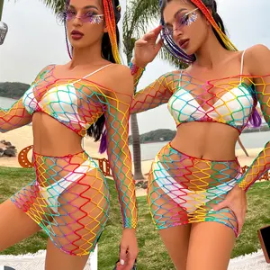 Ladymate ODM/OEM Vestido corto de malla Rainbow Fishnet Cover Up See Through Mesh Dress Nightclub donna rainbow pride lingeries