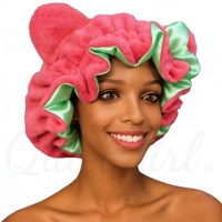 Bonnet de nuit en satin rose de luxe à oreilles de chat imprimées pour femme, avec sangle réglable, extérieur en peluche douce, doublure en satin vert clair, anti-frisottis