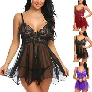 Sexy Lingerie Women Silk Lace Robe Dress Panties Babydoll Nightdress Nightgown Sleepwear 2 pcs set Lingerie Ladies Sexy