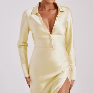 Gaun wanita Turtleneck lengan panjang, baju belah depan seksi, gaun kuning klasik Satin lembut halus Bodycon Formal kantor