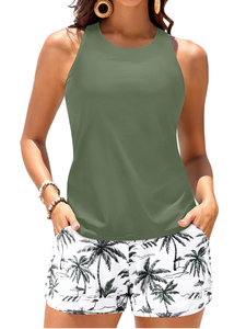 En gros Maillots de bain 3 pièces pour femmes, <span class=keywords><strong>Tankini</strong></span> modeste à imprimé feuilles tropicales, avec haut de maillot ample et short de plage - Product Image 1