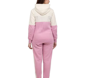 Women's <b>Pink</b> White Color Blocked Hooded <b>Tracksuit</b> <b>Set</b> Full Sleeve Fleece Sporty Style With Pockets Regular Fit All Seasons Wear - Product Image 2