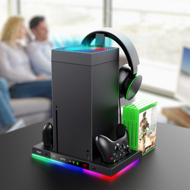 PG-XBX024S Intelligent Temperature Control Cooler for Xbox Console Dual Fast Charging Docking Station with RGB Light Game Slot