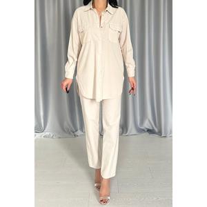 Elegante conjunto de camisa beige para mujer y pantalones con botones a presión, 100% algodón Oxford, traje antiarrugas. - Product Image 3