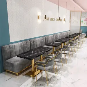 Custom Luxe Modern Restaurant Meubels Gouden Been Fluwelen Stoel Sofa Cabines Zitjes En Marmeren Patroon Tafels Sets