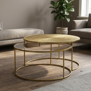 <b>Nested</b> Design Modern <b>Round</b> <b>Coffee</b> <b>Table</b> With Marble and Glass Top in Metal Brass Finish Frame For Living Room Furniture - Product Image 2