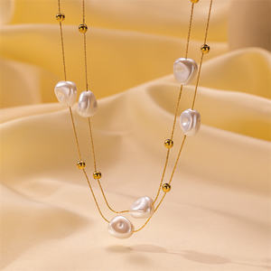 <span class=keywords><strong>Collier</strong></span> élégant en acier inoxydable à <span class=keywords><strong>double</strong></span> couche, imitation baroque, avec plusieurs perles flottantes - Product Image 4