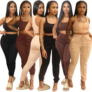 2022 autumn winter Women's Sets solid color T shape tank top and sporty hight waist pants 2pcs outfits for women