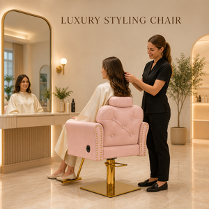 Sillón de Peluquería de Lujo Estilo Francés, en Cuero Rosa con Tachuelas Doradas, Hidráulico y Reclinable - Product Image 3