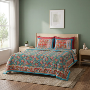 Juego de Sábanas de Algodón con Estampado Floral Blanco Hecho en India, con 2 Fundas de Almohada, Ropa de Cama de Lino Hecha a Mano en Jaipur - Product Image 3