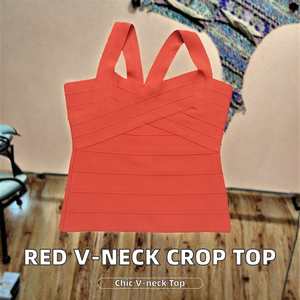 เสื้อครอปท็อปแบบผูกเชือกสไตล์สปาเก็ตตี้คลาสสิก แฟชั่นสาวฮิปสเตอร์ สายเดี่ยวคอวี วินเทจ สีแดง สำหรับวันเกิด เสื้อกั๊กยืดหยุ่นลำลอง ผ้าถัก - Product Image 2