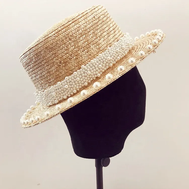 Zarif vintage Hepburn tarzı inci buğday samanı düz şapka kadın yaz şık güneş koruyucu plaj kadınlar güneşlik şapka