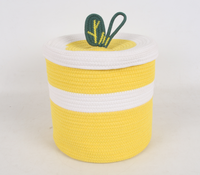 Panier de rangement en corde de coton en gros avec couvercle, bac de rangement rond pour jouets d'enfants, organisateur tressé jaune et blanc pour chambre d'enfant et chambre à coucher