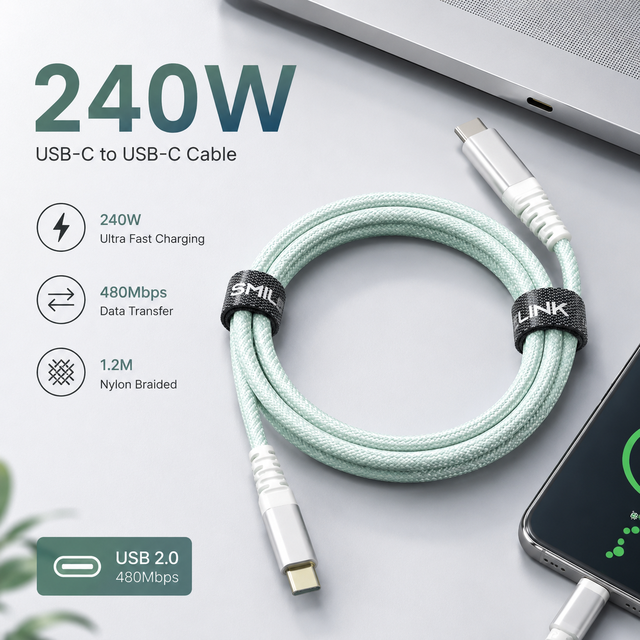2026 New USB C to USB C 240W PD Charging Cable 48V 5A Fast Charge USB 2.0 Nylon Braided Type C Data Cable for Laptop OEM ODM