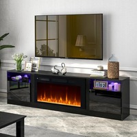 Meuble TV Cheminée Électrique Classique Noir en Bois, Meuble TV Mid-Century Multifonctionnel et Durable avec Lumières LED