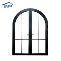 Puerta Francesa Exterior de Doble Vidrio Templado con Marco de Aluminio Arqueado y Diseño de Hierro, con Rejilla y Cerradura Digital
