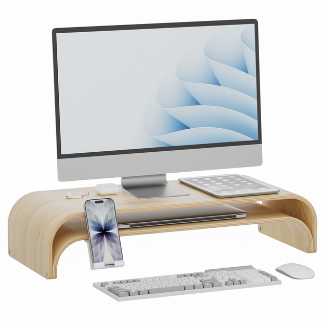 Solid Wood Dual Monitor Stand Riser 2 Tier, 24.1 Inch Desktop Organizer with Phone Holder, Multifunctional Desk Shelf