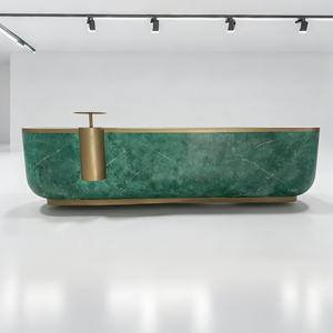 Table de réception Q151 en quartzite vert brillant à coins arrondis, finition en laiton de luxe, pour hall d'hôtel, spa, réception, taille personnalisée disponible - Product Image 2