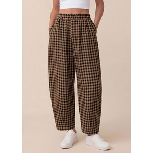 Pantalon Plaid à Taille Haute pour Femme, Coupe Ample et Respirante, Motif Gingham, Idéal Printemps-Été, Style Décontracté et Plage - Product Image 4