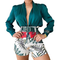 _ Kadın baskılı takım elbise Set seksi V boyun 3-piece Set kemer uzun kollu zarif ince pantolon Lady kıyafetler ofis giysileri
