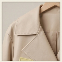 Blouson moto en peau de mouton pour femme, col large, poches plaquées contrastantes jaunes, double bouton-pression argenté, coupe ample, court, décontracté, en cuir