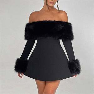 Mini abito da donna a <span class=keywords><strong>maniche</strong></span> <span class=keywords><strong>lunghe</strong></span> con rifiniture in pelliccia sintetica-stile Sexy e di lusso per feste e occasioni speciali - Product Image 1