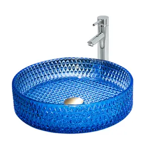Runde blaue Farbe Glass chale Waschbecken Badezimmer Glas Arbeits platte Waschbecken