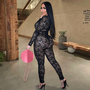 Combinaisons en maille noire transparente Sexy Lady à manches longues pour soirée Porter en soirée Décolleté profond Bodycon Combinaisons pour femmes - Product Image 2