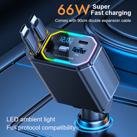 12v 24v 4 in 1 Dc Portable Multi Port Pengisi Daya Super Cepat Tipe c Adaptor Ponsel Elektrik Pengisi Daya Mobil Retractable