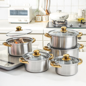 Juego de Ollas Moderno de Acero Inoxidable de 10 Piezas, Doble Fondo, Tapa de Vidrio, Interior Antiadherente, Apto para Lavavajillas y Horno, Multiusos, para Gas - Product Image 1