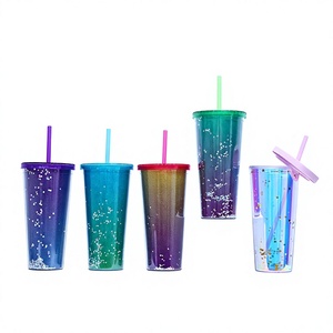 2026 Luxury Iridescent Sequin Glitter Straw <b>Cup</b> Wholesale Custom Logo Double Wall <b>Reusable</b> Plastic Tumbler Holographic Water Bot - Product Image 1