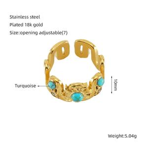 Anillo de ópalo turquesa de piedra natural con relleno de oro de acero inoxidable Vintage para mujer, anillo delicado Retro chapado en oro de 18 quilates con borde cruzado - Product Image 4