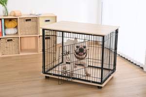 Jaula para Perros de Madera de Nogal con Barras Metálicas, Jaula Moderna para Mascotas, 80x56x63cm - Product Image 5