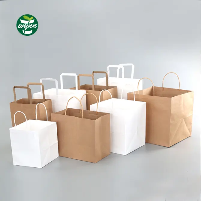 Papel emballage bolsas küçük restoran iş paket servisi olan restoran zanaat beyaz ve kahverengi kağıt sac özel Logo baskı hediye kraft kağıt b