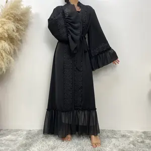 2023 Fashion Women New Stylish Design Islamic Clothing Dubai Arabic Muslim Big Lace Sleeves Front Open Kimono Abaya With Belt