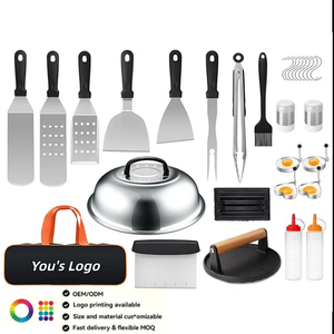 Ensemble de spatules en acier inoxydable pour plaque chauffante Teppanyaki, 7 à 35 pièces, plat, robuste, en métal, pour barbecue en plein air, avec manche en bois - Product Image 1