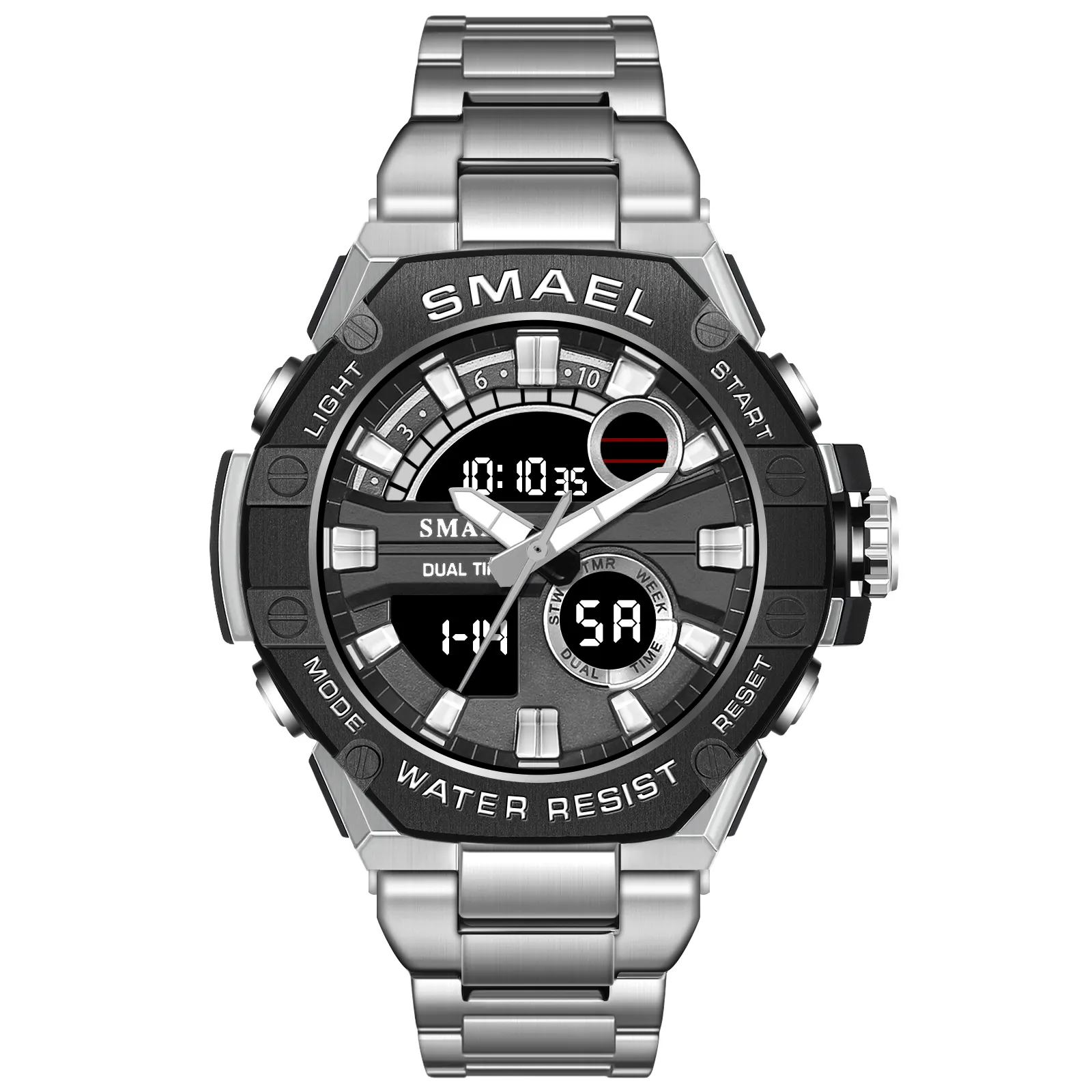 新着SMAEL8090 relojes de hombreアナログデジタルビジネスゴールデンウォッチジャムタンガンステンレススチールウォッチ