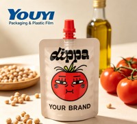 Pochette souple alimentaire avec bec verseur et bouchon à vis, personnalisable, pour emballage de liquides alimentaires