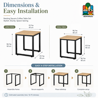 Juego de Mesas Auxiliares Cuadradas con Superficie de Madera y Estructura de Metal Negro, Dos Mesas, Mesa de Centro Minimalista para Sala de Estar