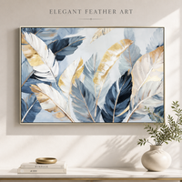 Ensemble de 2 tableaux muraux abstraits modernes à motifs de plumes, peinture sur toile texturée épaisse bleue et or pour salon
