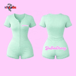 Combinaison moulante personnalisée à col en V avec dentelle, manches courtes, <span class=keywords><strong>combishort</strong></span> de sport, short, combinaison une pièce zippée pour femme - Product Image 1