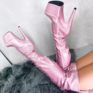 Xinzirain personalizado Glitterati señoras tacón fino hebilla cremallera <span class=keywords><strong>plataforma</strong></span> zapatos de cuero mujeres encaje hasta el muslo tacón alto <span class=keywords><strong>botas</strong></span> Sexy - Product Image 5