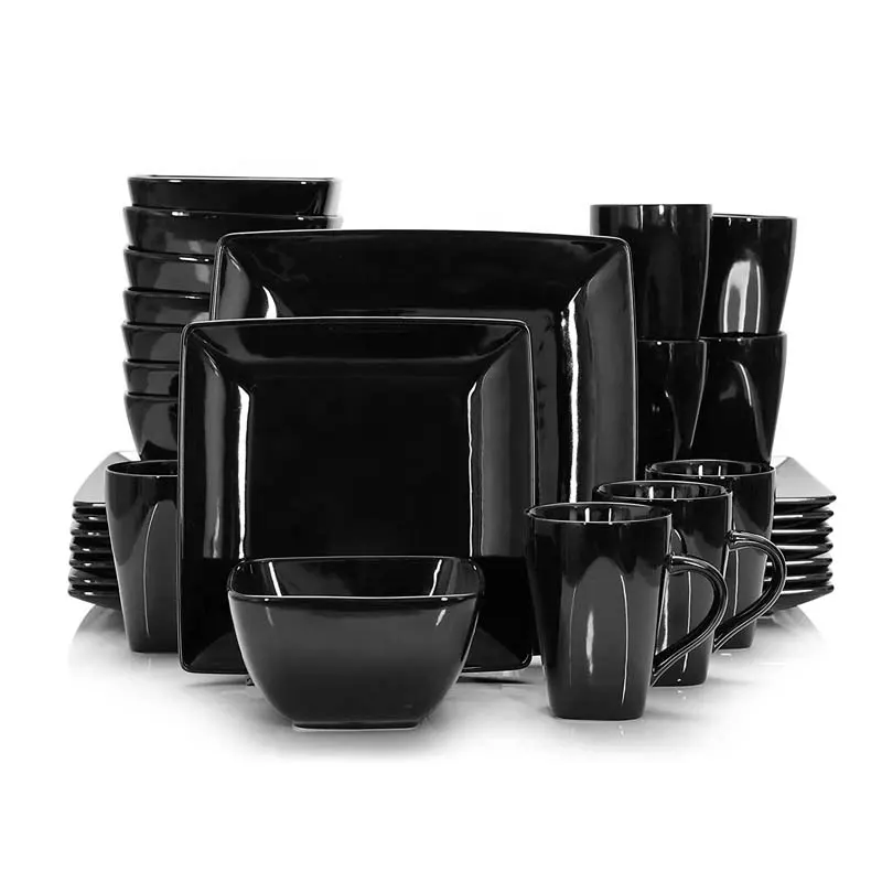 Conjunto de jantar de cerâmica preto, conjunto de aparelho de jantar quadrado 16 peças