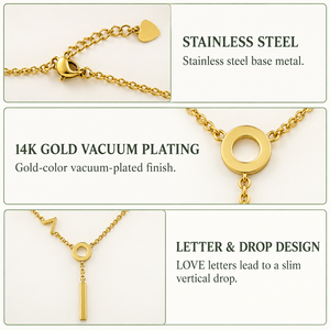 Collar Lariat LOVE de Acero Inoxidable con Baño de Oro de 14K, Detalle de Letra en Barra Vertical y Cadena Ajustable - Product Image 3