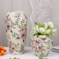 Vase à fleurs en céramique vintage Redeco avec glaçure craquelée, motif floral rose, vase en céramique pour la décoration de la maison, centre de table pour la chambre à coucher