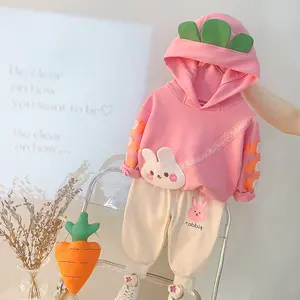 Roupas de bebê coreanas fofas para meninas, calças com capuz de desenho animado de manga comprida, 2 peças, primavera outono 2024