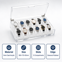 Boîte de présentation de montres en acrylique transparent à double rangée de 12 emplacements, polie comme du diamant, pour le rangement et l'organisation en magasin