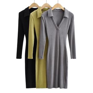 Wholesale Custom Women's Casual Midi <b>Dress</b> Spring Autumn Solid Color POLO Neck Loose Stretch Long Sleeve Hip Knit <b>Dresses</b> - Product Image 2