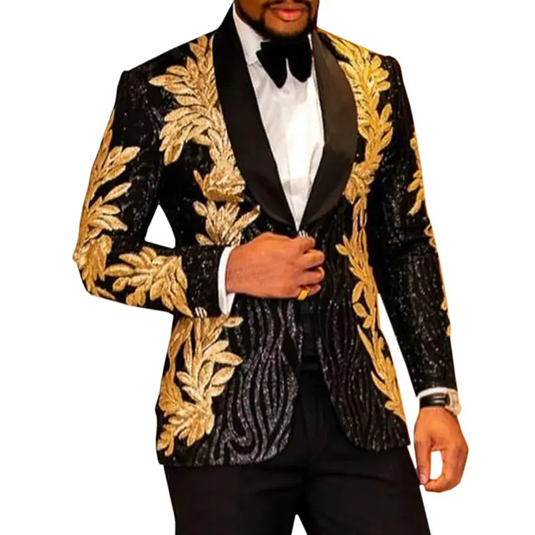 Sequin Embroidery suit For Singers Gold Print Single Stage Costumes Breasted Man Outfit Fashion 2 Pieces Casual Suit