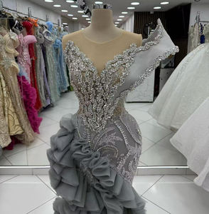 Elegante grijze zeemeermin-avondjurk met kralen, verouderde gegolfde tule, galajurken, robe de soiree, Arabische jurken voor speciale gelegenheden - Product Image 2
